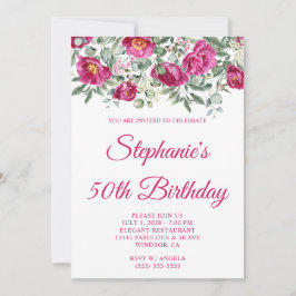 華やかなピンクの水彩ペオニーの50歳の誕生日 招待状