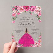 華やかなピンクの花とシルバーのクィンセañera XV 誕生日 アクリル招待状 (インサイチュ (ポータブル))