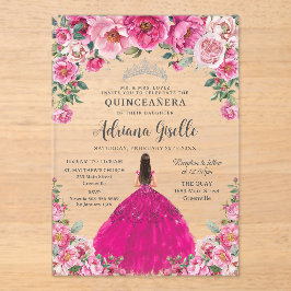 華やかなピンクの花とシルバーのクィンセañera XV 誕生日 アクリル招待状