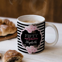 華やかなピンクの花とストライプの50歳の誕生日お祝いに コーヒーマグカップ