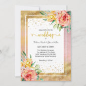 華やかなピンクの花に魅了さ結婚れた 招待状 (正面)