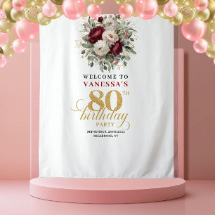 華やかなピンクの花80歳の誕生日バナー タペストリー