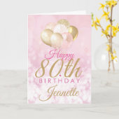 華やかなピンクグリッターバルーン80誕生日 カード (黄色い花)