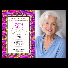 華やかなピンクゴールドの宝石ストラタ98歳の誕生日写真 招待状