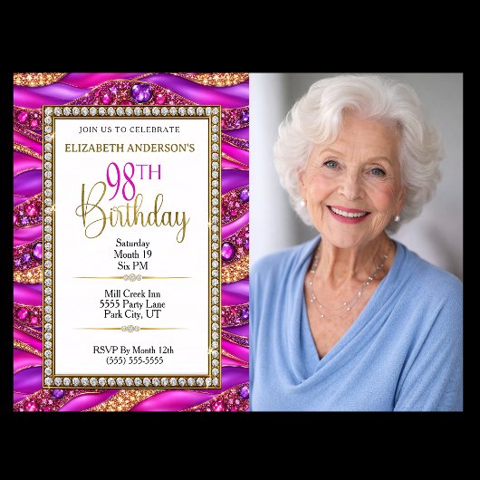 華やかなピンクゴールドの宝石ストラタ98歳の誕生日写真 招待状