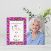 華やかなピンクゴールドの宝石ストラタ98歳の誕生日写真 招待状 (スタンド正面)