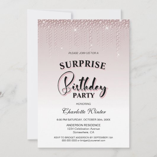 華やかなピンクダイヤモンドサプライズ誕生日パーティー 招待状 (正面)