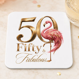 華やかなピンクフラミンゴの50歳の誕生日お祝い スクエアペーパーコースター