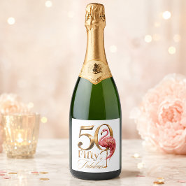 華やかなピンクフラミンゴの50歳の誕生日お祝い スパークリングワインラベル