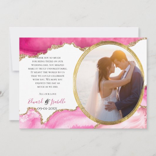 華やかなピンク&金ゴールドのAgate石のカップルの写真Tha サンキューカード (正面)