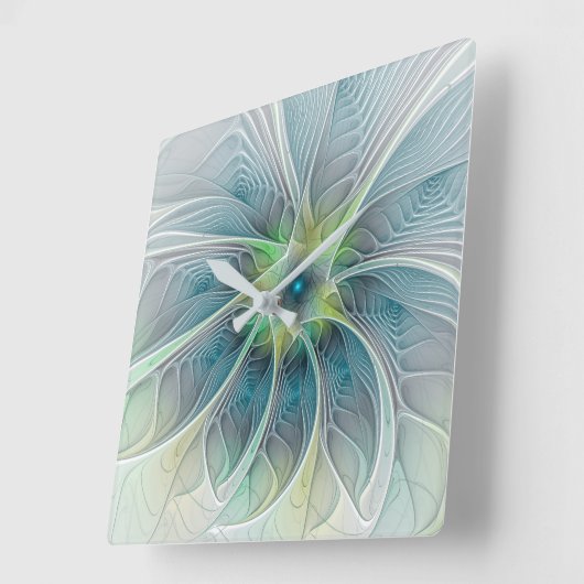 華やかなファンタジーモダン青い緑のフラクタルフラワー スクエア壁時計 (傾斜)