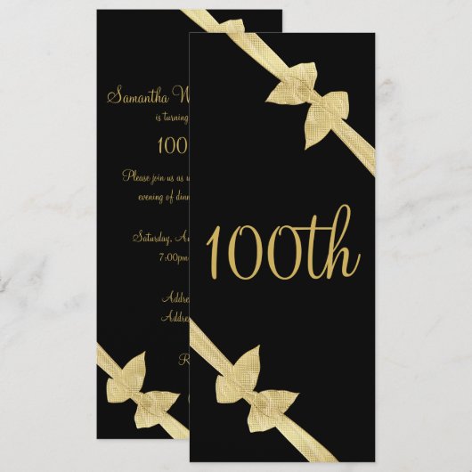 華やかなフェイクゴールドのリボン 100歳の誕生日 招待状 (正面/裏面)