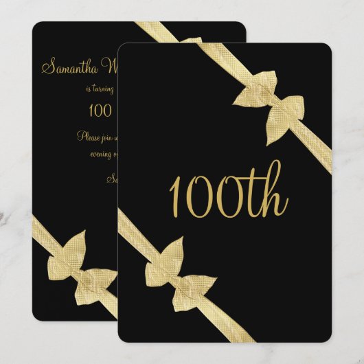 華やかなフェイクゴールドのリボン 100歳の誕生日 招待状 (正面/裏面)
