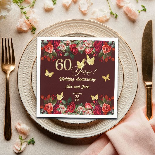 華やかなフラワー ゴールド 60周年 結婚記念日 スタンダードカクテルナプキン