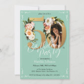 華やかなフローラ金ゴールド写真50th誕生日パーティー 招待状 (正面)