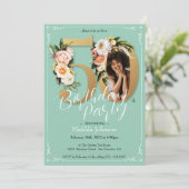 華やかなフローラ金ゴールド写真50th誕生日パーティー 招待状 (スタンド正面)