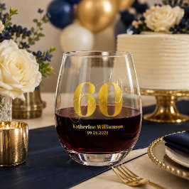 華やかなブルーとゴールドの60歳の誕生日 ステムなしワイングラス
