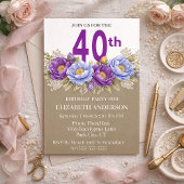 華やかなブルーとパープルの芍薬の40歳の誕生日 招待状