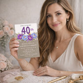 華やかなブルーとパープルの芍薬の40歳の誕生日 招待状