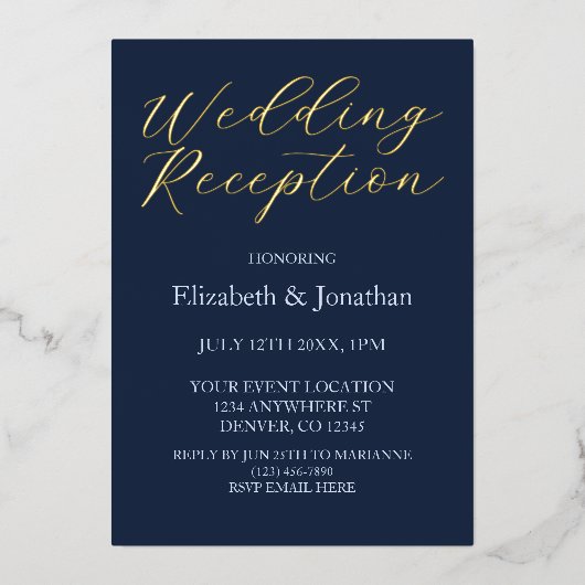 華やかなブルーウェディングレセプション 箔招待状 (正面)