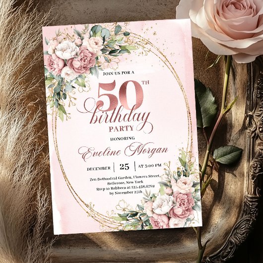 華やかなボタニカル・ローズゴールドの50歳の誕生日招待状 招待状