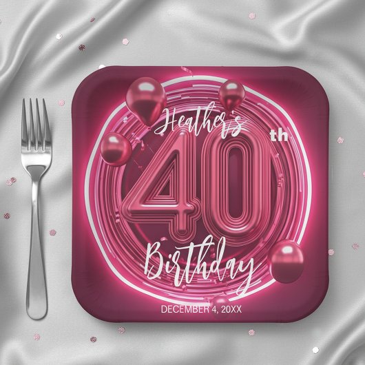 華やかなマゼンタネオンピンクの40歳の誕生日お祝い ペーパープレート