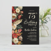 華やかなムーディーフローラルブラックの75歳の誕生日パーティー 招待状 (スタンド正面)