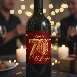 華やかなルビーレッドゴールドラメ 70歳の誕生日 ワインラベル