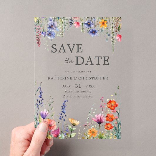 華やかなワイルドフラワーのエレガントな結婚式Save the Date アクリル招待状 (インサイチュ (ポータブル))