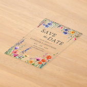 華やかなワイルドフラワーのエレガントな結婚式Save the Date アクリル招待状 (レイダウン)