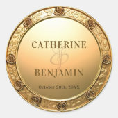 華やかな光沢のある金ゴールド彫り縁どバラ結婚の ラウンドシール (正面)