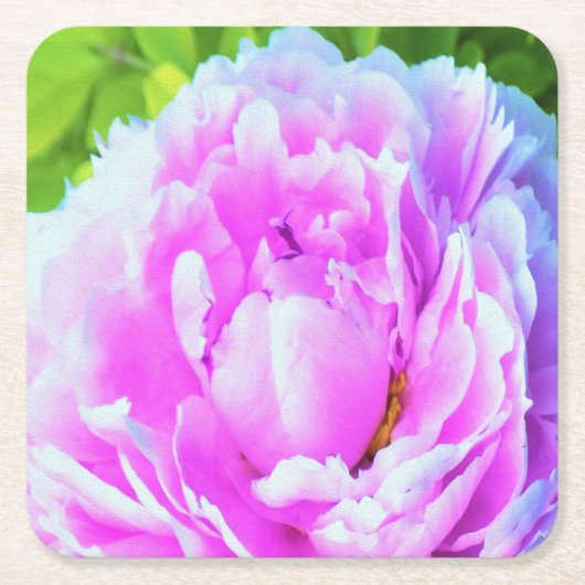 華やかな八重のピンクの芍薬の花のディテール スクエアペーパーコースター (正面)