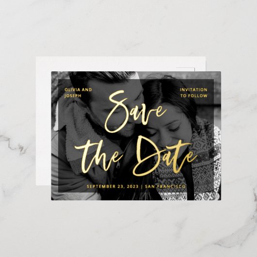 華やかな台本 |オーバーレイと写真の日付を保存 箔招待状ポストカード (正面/裏面)