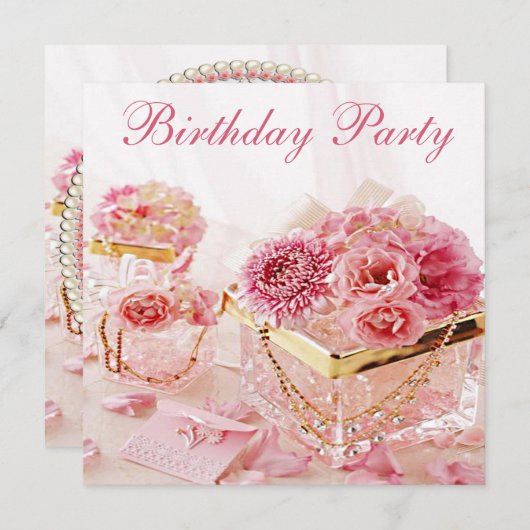華やかな宝石、花と箱の誕生日パーティー 招待状 (正面/裏面)