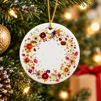 華やかな押し花の円形クリスマスオーナメント セラミックオーナメント
