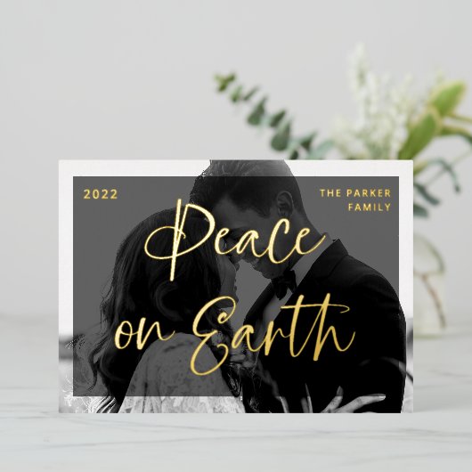 華やかな挨拶 |ダークオーバーレイと2枚の写真 箔シーズンカード (立ち正面)