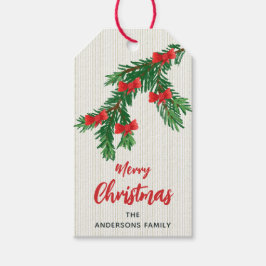 華やかな水彩のグリーンに赤いリボンのクリスマス ギフトタグ