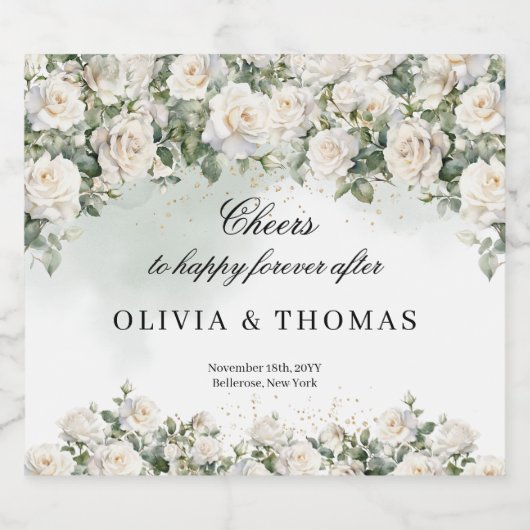 華やかな水彩花束白いバラの緑 リキュールボトルラベル (シングルラベル)