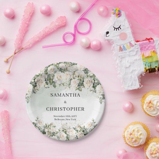 華やかな水色の白いバラの緑の金ゴールド結婚ズ ペーパープレート (パーティー)