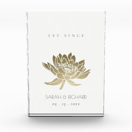 華やかな淡い色の金ゴールドホワイトロータス日付のギフトを保存 フォトブロック (正面)