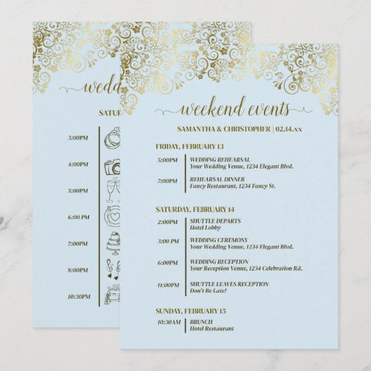 華やかな淡青とゴールドの結婚式イベントとタイムライン プログラム (正面/裏面)