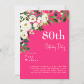華やかな白い花のホットピンク80歳の誕生日 招待状 (正面)
