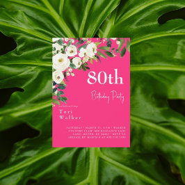 華やかな白い花のホットピンク80歳の誕生日 招待状