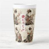 「華やかな盛り」日本の着物猫アート カフェラテマグ (正面)