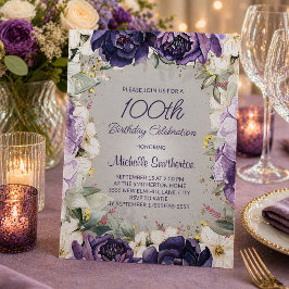 華やかな紫と白の花のラメ100歳の誕生日 招待状
