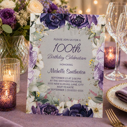 華やかな紫と白の花のラメ100歳の誕生日 招待状