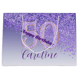 華やかな紫のラメが舞う50歳の誕生日 ラージペーパーバッグ