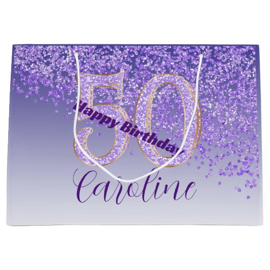 華やかな紫のラメが舞う50歳の誕生日 ラージペーパーバッグ (正面)