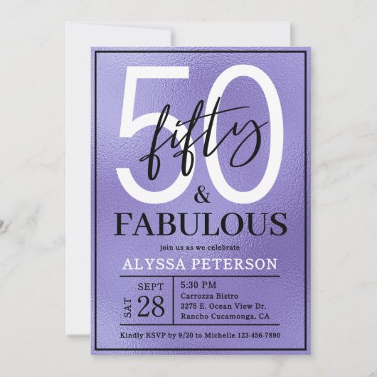 華やかな紫の装飾で50歳の誕生日をお祝い 紫の文字で50thバースデー 招待状 (正面)