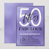 華やかな紫の装飾で50歳の誕生日をお祝い 紫の文字で50thバースデー 招待状 (正面/裏面)
